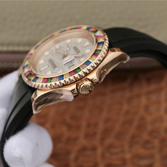 YACHT MASTER 1 GOLDEN DIAMOND BEZEL & DIAL RUBBER STRAP 40MM - Image 5