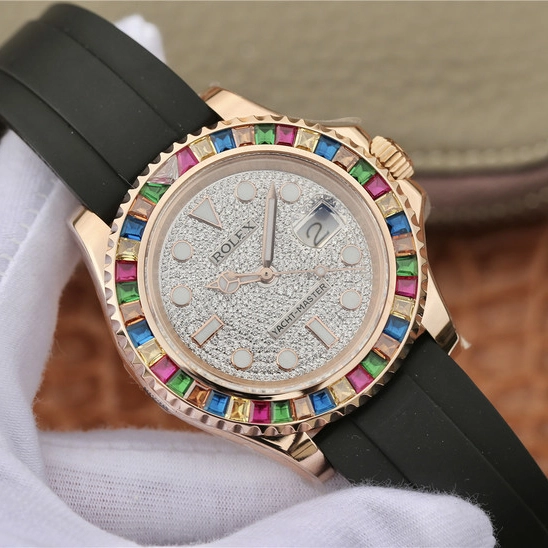 YACHT MASTER 1 GOLDEN DIAMOND BEZEL & DIAL RUBBER STRAP 40MM - Image 8